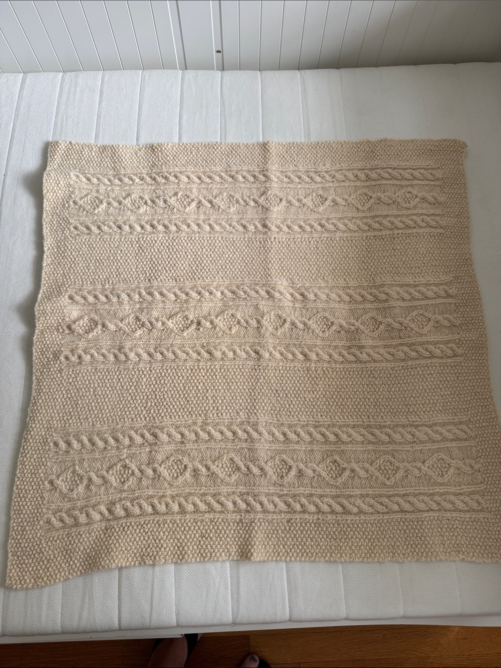Hand Crafted Cream Cable Knit Wool Baby Blanket